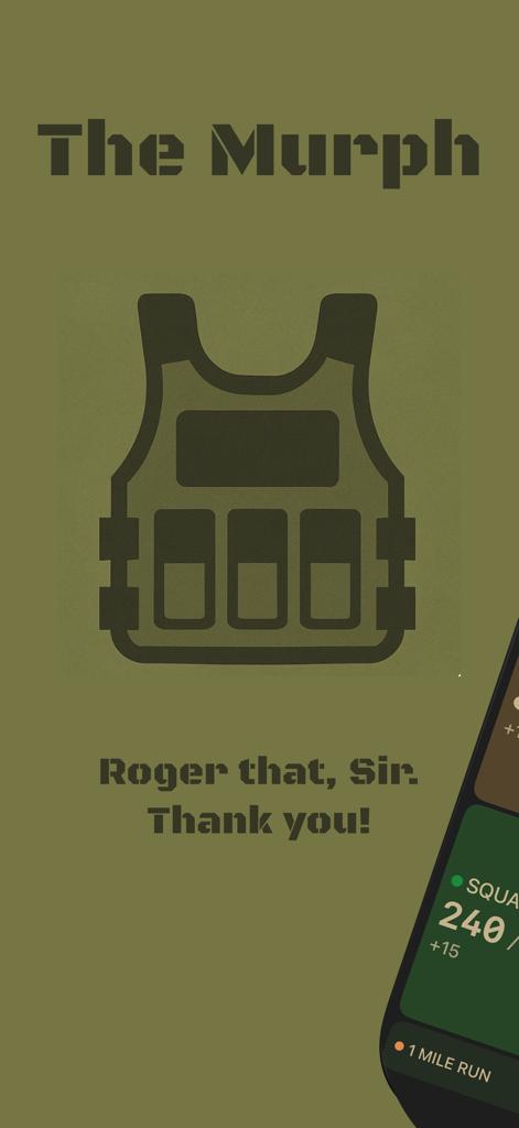 The Murph fitness app splash screen featuring a tactical weighted vest icon and military inspired olive green design