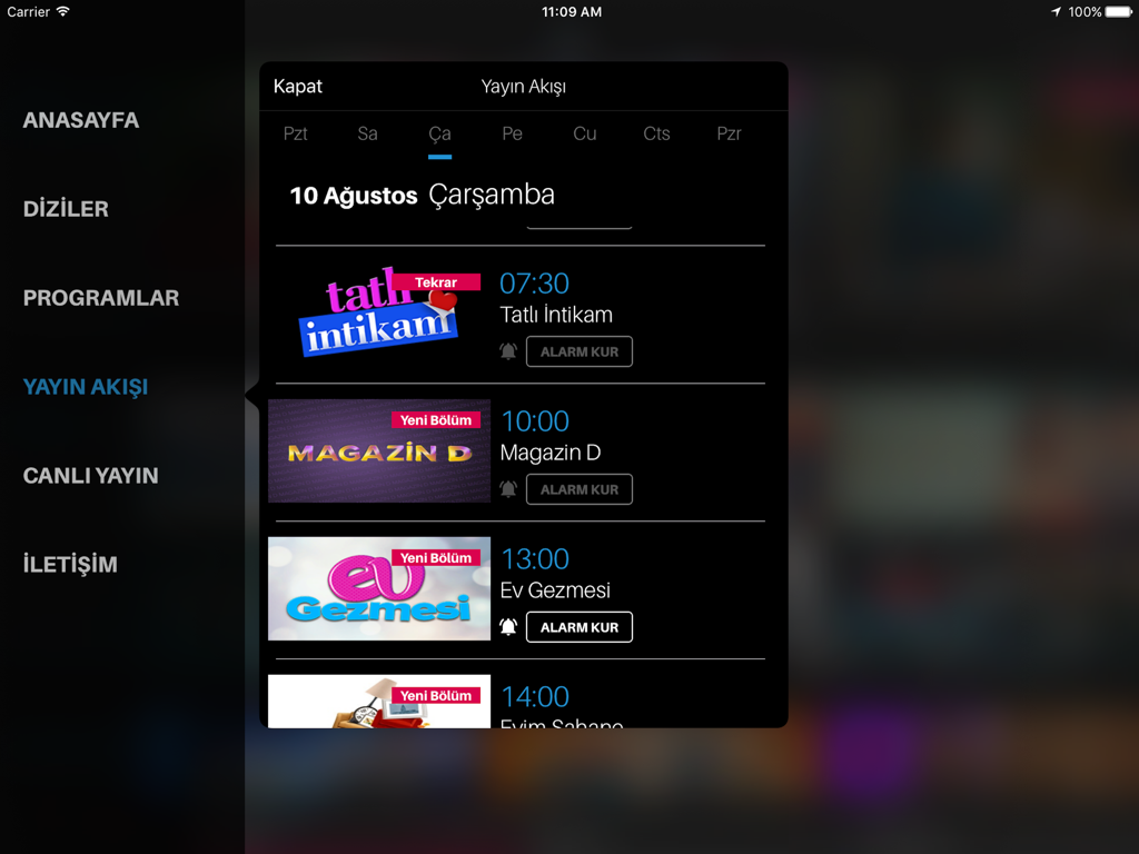 Interfaz de la aplicación Kanal D para iPad que muestra el calendario de transmisiones diarias y alarmas de programas.