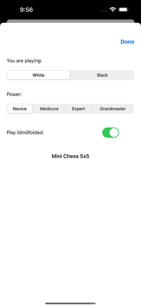 Blindfold Chess 5x5 - Settings screen for Blindfold Chess 5x5 app showing difficulty levels and blindfold mode toggle