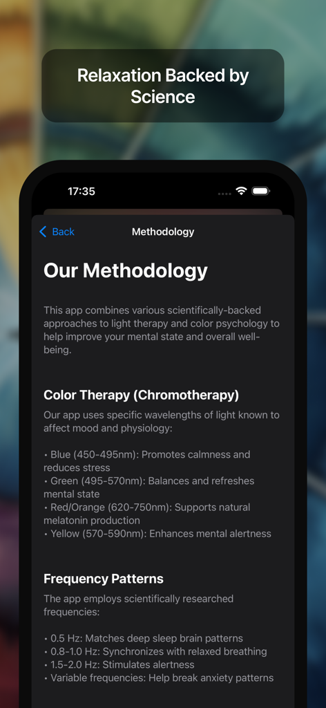 RelaxColors: Light Therapy AI - Pantalla de metodología que explica la ciencia de la cromoterapia y los patrones de frecuencia.