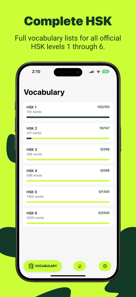 HSK Flashcard - Learn Chinese - HSK Flashcard app vocabulary screen showing progress tracking for Chinese levels 1 to 6