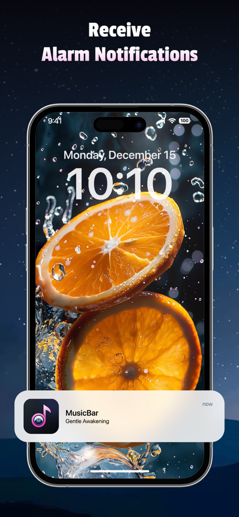 Notificación de alarma de la aplicación Music Bar en la pantalla de bloqueo de un iPhone