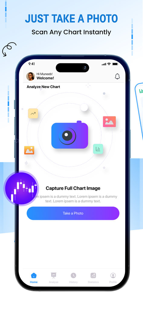 Tradvio AI : Analyze Charts - Tradvio AI app home screen showing the feature to capture and scan a trading chart for instant analysis