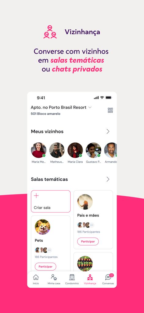 Gruvi - Gruvi app interface showing neighborhood social networking and themed chat rooms for residents