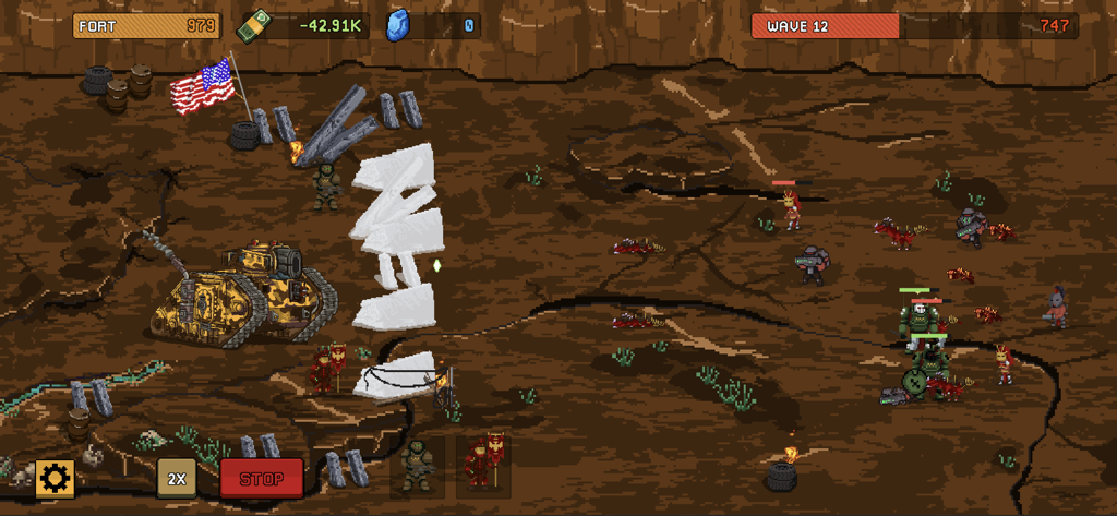 Fortress: Stickman Trenches - Jugabilidad de Fortress Stickman Trenches mostrando un tanque de asedio y soldados defendiendo una base en un planeta desértico