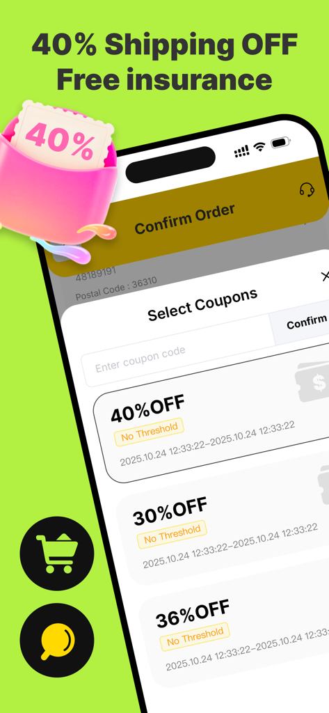 LitBuy app interface showing available shipping discount coupons and free insurance