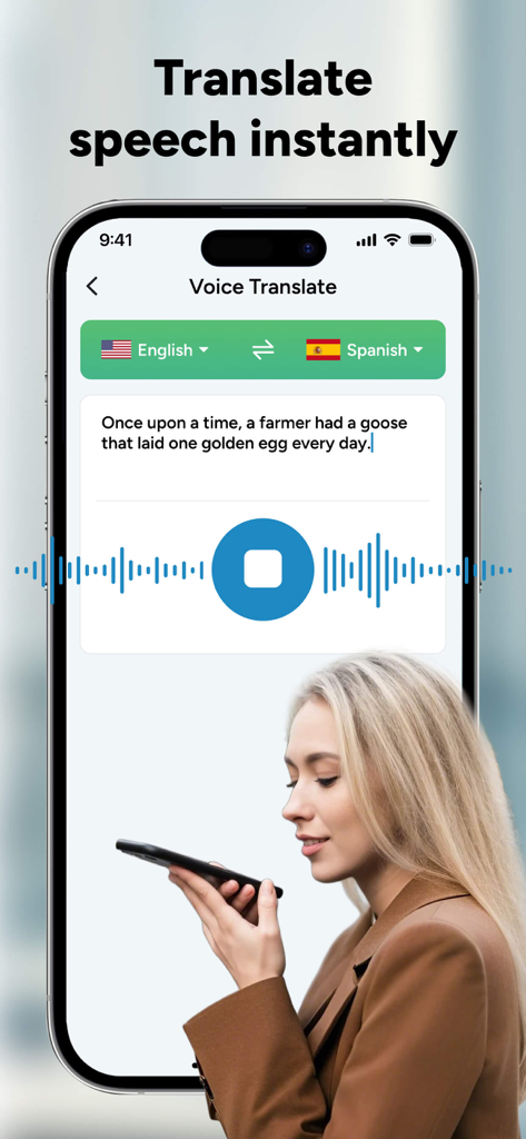 TransPro: Language Translator - Interfaz de la aplicación TransPro para traducción instantánea de voz y habla de inglés a español