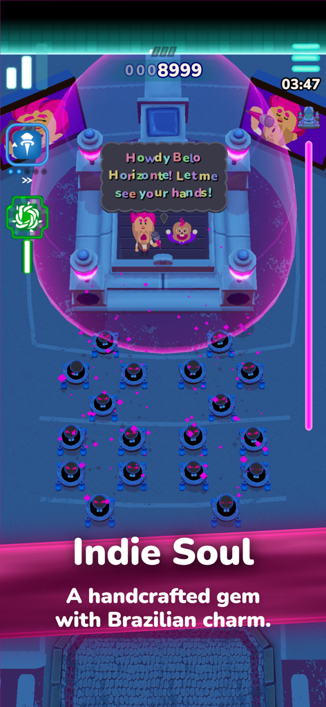 Captura de pantalla dentro del juego de Magenta Arcade II que muestra personajes peculiares y enemigos robóticos