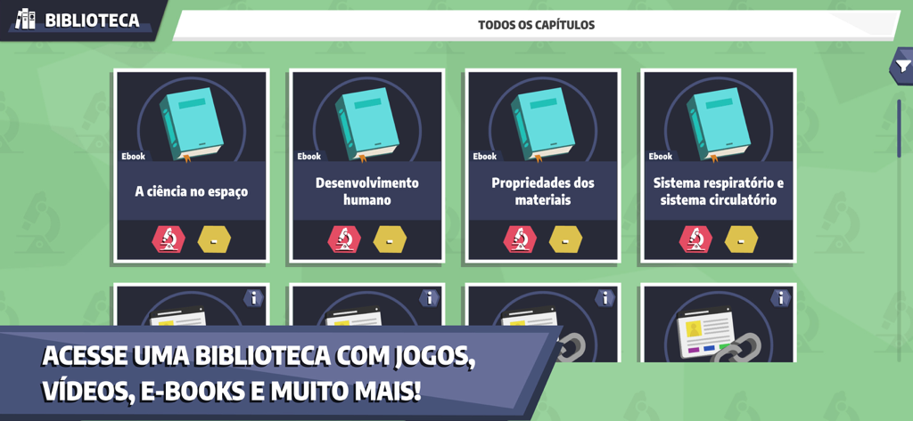 Tela da biblioteca digital no aplicativo Meu Bernoulli XP exibindo e-books educacionais para crianças.