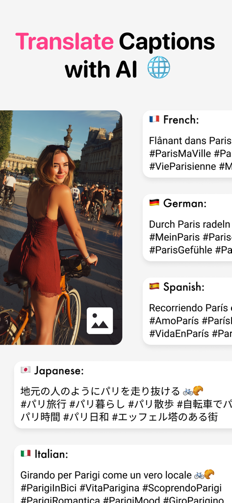 Interface do aplicativo demonstrando tradução de legendas e hashtags por IA em vários idiomas para alcance global nas mídias sociais