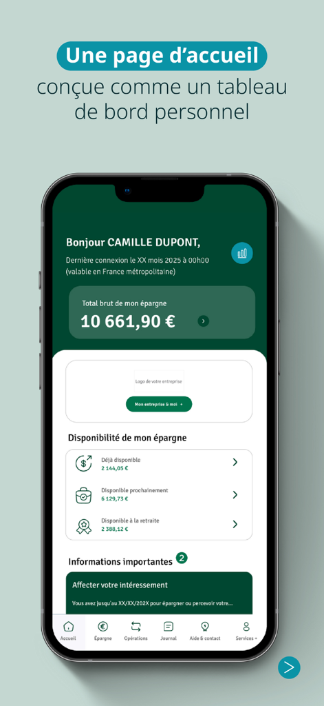 Tableau de bord personnel de l'application mobile CA ELS affichant le solde total de l'épargne salariale et les catégories de disponibilité des fonds.