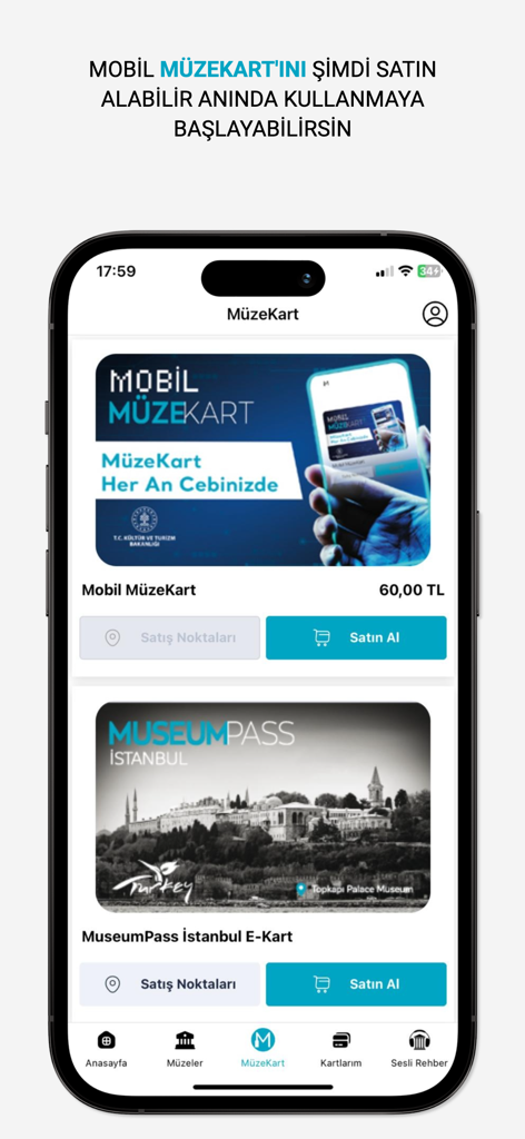 Museums of Türkiye - Official - Mobile app interface of Museums of Türkiye showing digital museum card and pass purchase options