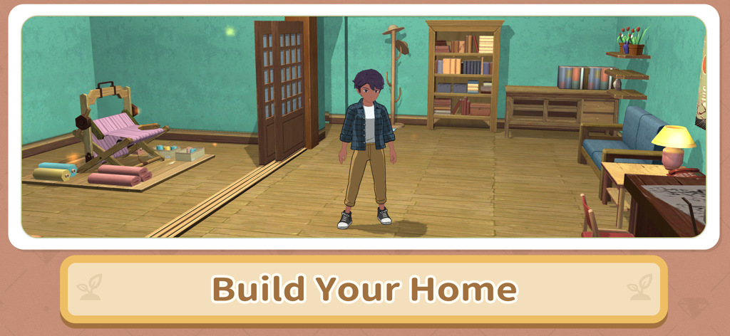 MORIKOMORI LIFE - Un personaje estilo anime de pie en una habitación personalizable con muebles y el texto "Construye tu casa"