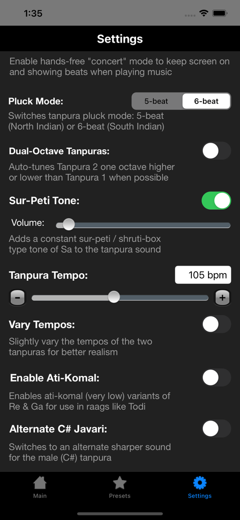 iTanpura Lite - Interfaz de configuración para iTanpura Lite que muestra opciones para el tempo del modo de rasgueo y el control de tono del sur-peti