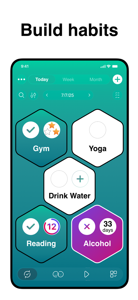 Loop Habits Tracker - Panel de la aplicación Loop Habits Tracker mostrando hábitos diarios en una cuadrícula hexagonal