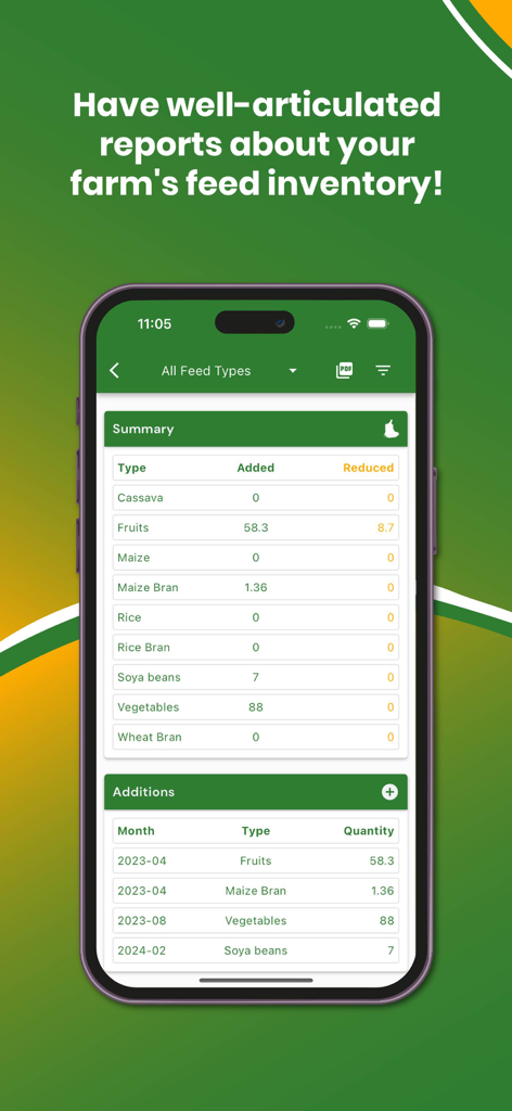 My Piggery Manager - Farm app - Mobile screen showing feed inventory summary and stock additions for pig farming management.