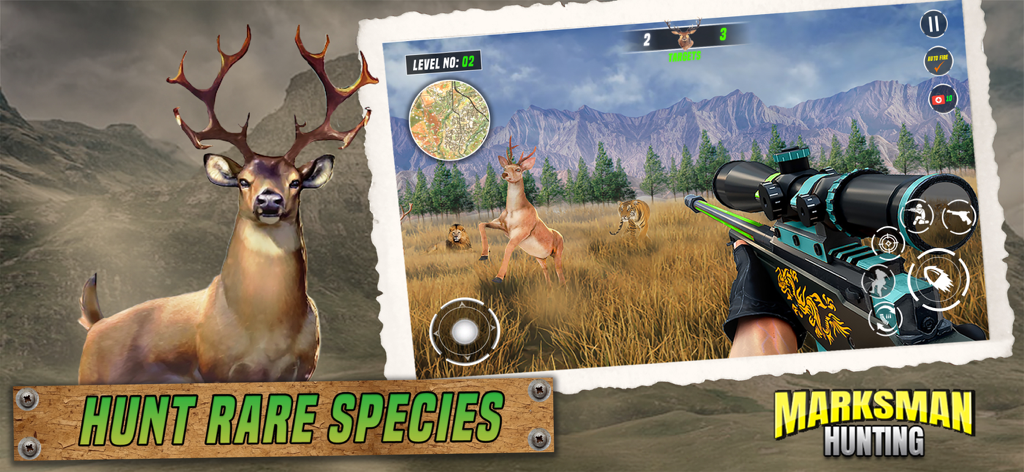 Animal Hunter : Hunting Games - First person view of a sniper rifle aiming at wild animals in a field with a large deer on the left and hunt rare species text
