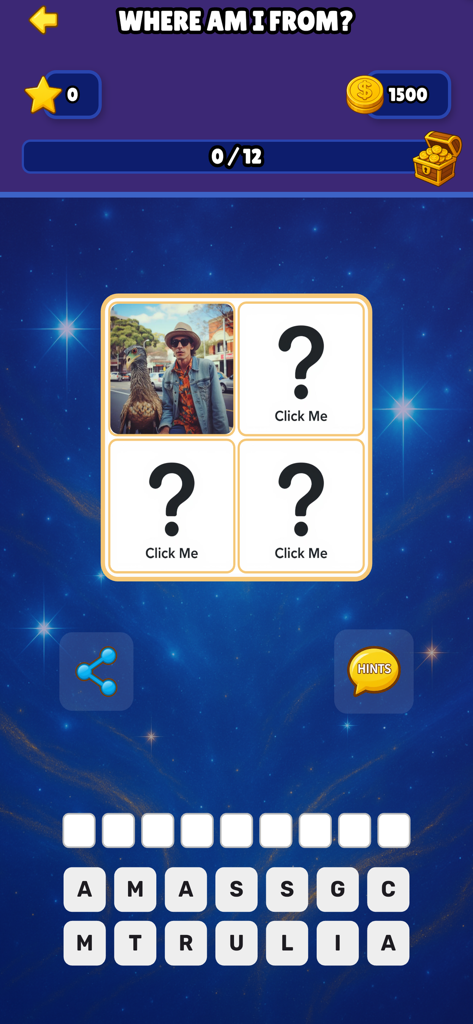 Quiz: What Country Am I From? - Gameplay screen of the What Country Am I From app featuring a photo puzzle and letter tiles to spell the answer.
