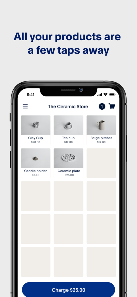 A smartphone showing the PayPal POS product library with ceramic items like cups and plates for a small business store.