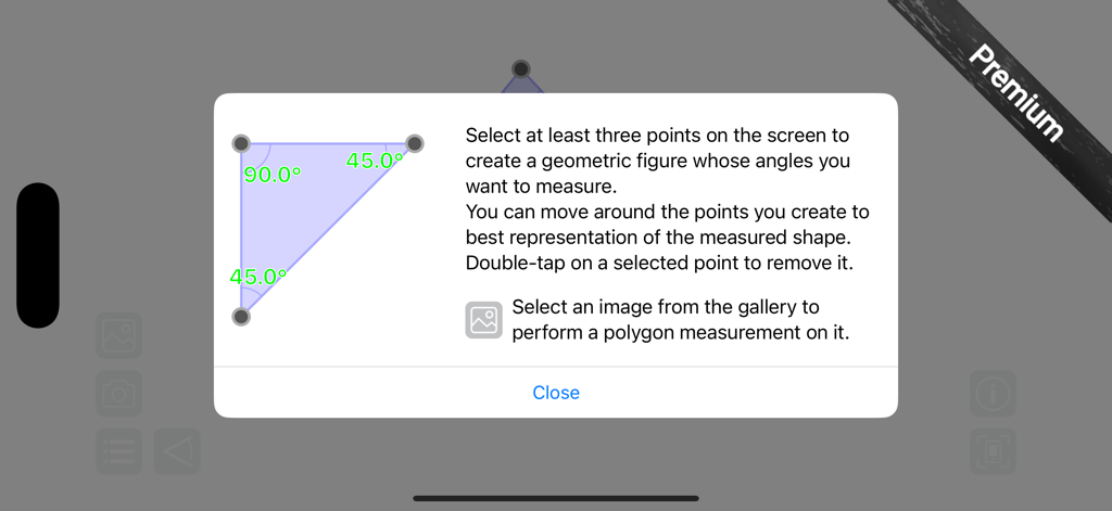 Protractor Smart - Pantalla tutorial para la función de medición de polígonos en la aplicación Protractor Smart mostrando un triángulo con grados de ángulo