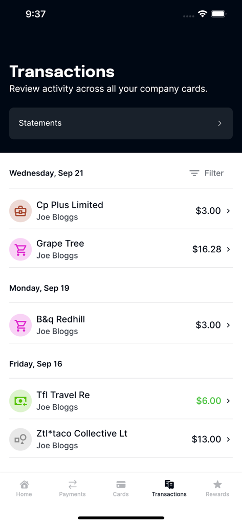 Real-time list of business transactions and employee spending in the Capital on Tap mobile app