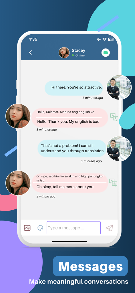 TrulyAsian - Asian Dating - TrulyAsianモバイルアプリのインターフェース、会話中のリアルタイムメッセージ翻訳を表示