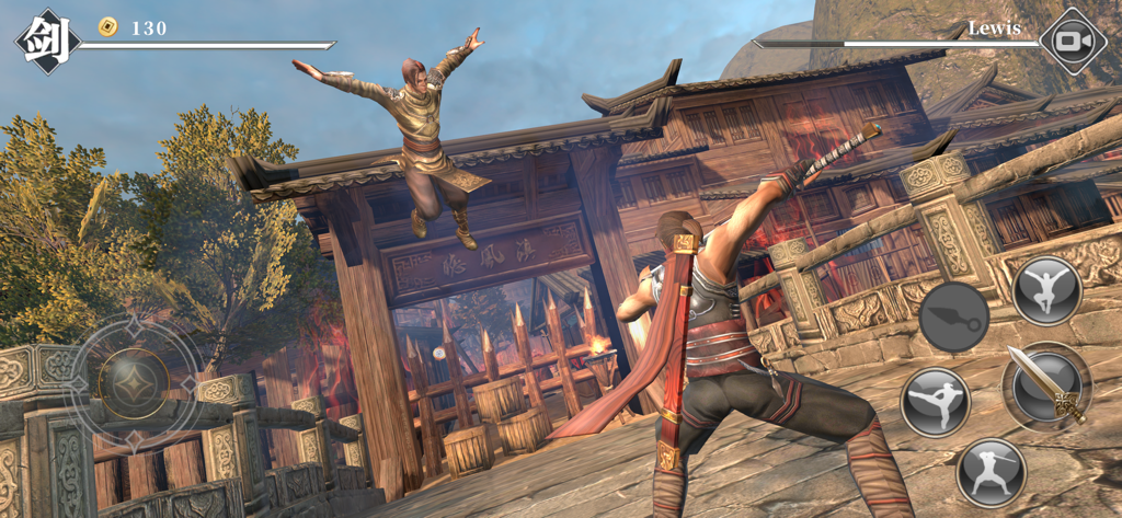 Una escena de combate de artes marciales en el juego souls-like para móviles Nine Night con dos personajes luchando en un pueblo antiguo.