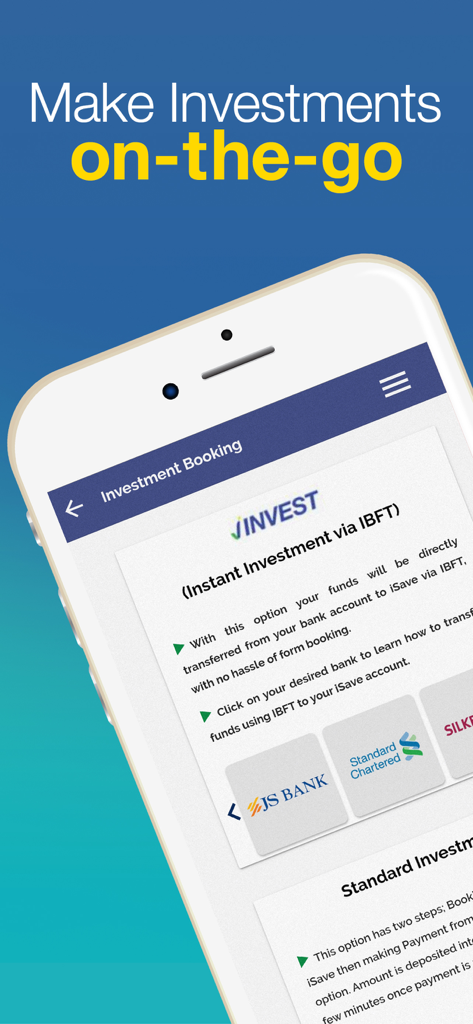 Smartphone screen displaying the iSave app investment booking page with bank options.