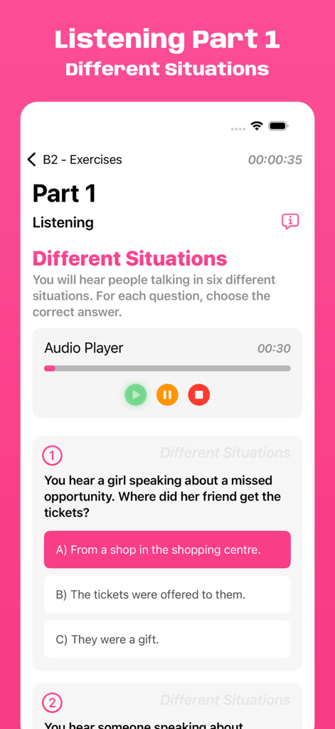 App mobile Cambridge B2 Exam Simulator che mostra un esercizio di ascolto con un lettore audio e domande a scelta multipla.