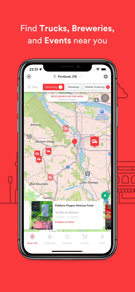 Truckster - Find Food Trucks - Truckster app interface showing a map with food truck locations in Portland