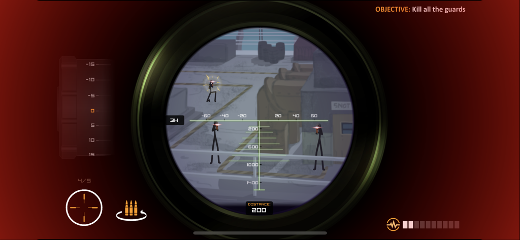 Sniper scope view in Clear Vision 4 aiming at stick figure guards during a mission