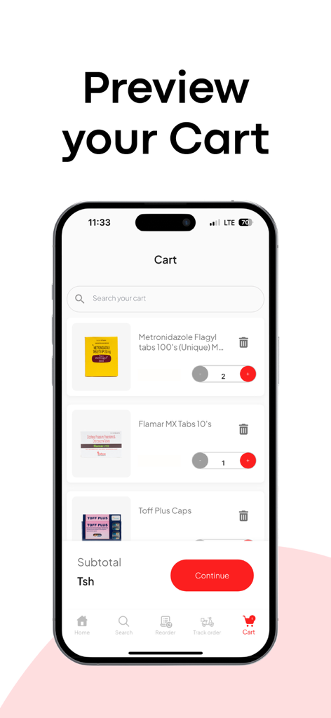 Dawa Mkononi - Una vista previa del carrito de compras en la aplicación Dawa Mkononi que muestra artículos farmacéuticos y el subtotal.
