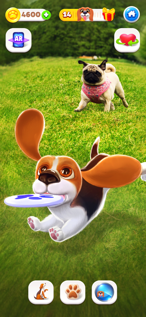 A cartoon beagle puppy jumping to catch a frisbee in a green park during gameplay