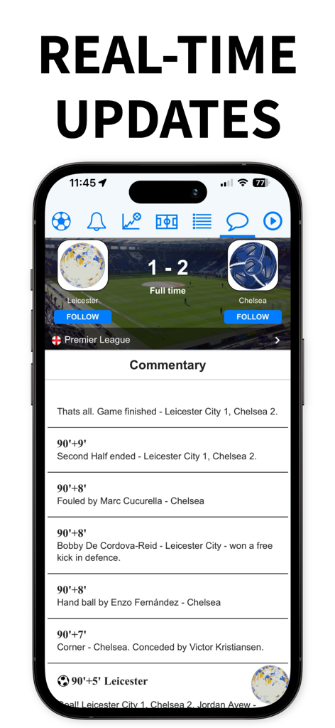 Soccer Scores - App interface showing real-time commentary and final score of a Premier League match