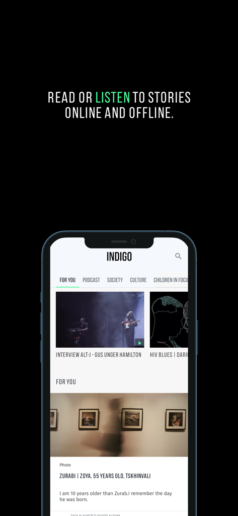 Indigo Magazine Georgia - Smartphone screen showing Indigo Magazine app interface with the slogan read or listen to stories online and offline