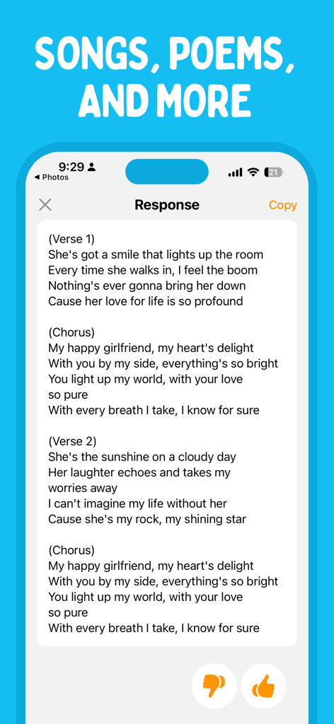 Rephrase app interface showing AI-generated song lyrics for a girlfriend with verses and chorus.