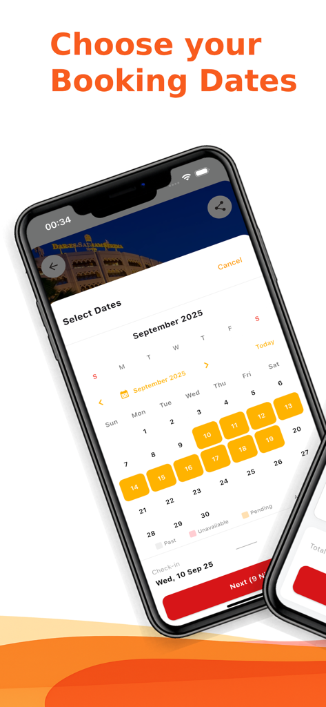 テンポ・アフリカ旅行アプリの日付選択カレンダーを示すiPhone画面