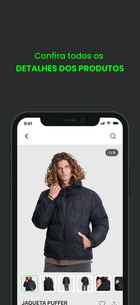 Una pantalla de detalles de producto en la aplicación de ropa BAW que muestra una chaqueta acolchada negra con múltiples vistas previas de imágenes.