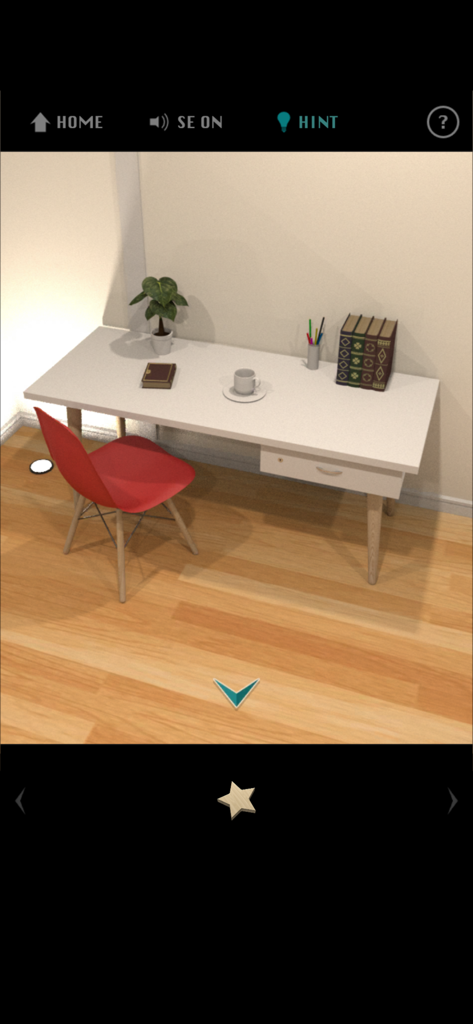 E.X.I.T - Escape Game - - A realistic 3D desk and red chair in a minimalist escape room puzzle game.