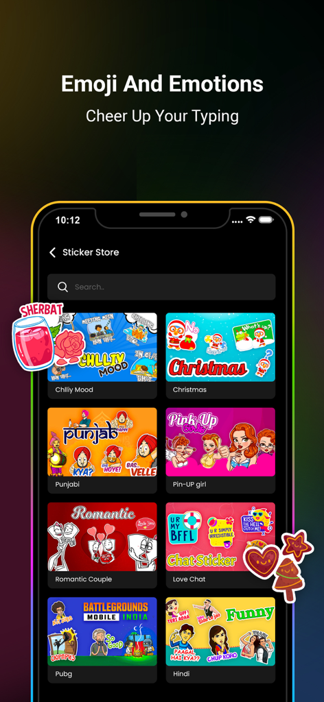 Neon LED Keyboard -RGB & Emoji - Una pantalla de smartphone que muestra la interfaz de la tienda de stickers de la aplicación Teclado LED Neón con varias categorías de stickers como Navidad, Punjabi y PUBG.