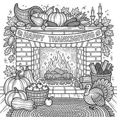 Gather around for a heartwarming Thanksgiving coloring experience featuring a crackling fireplace and glowing embers. This festive scene is richly detailed with traditional harvest bounty, perfect for celebrating the season.
