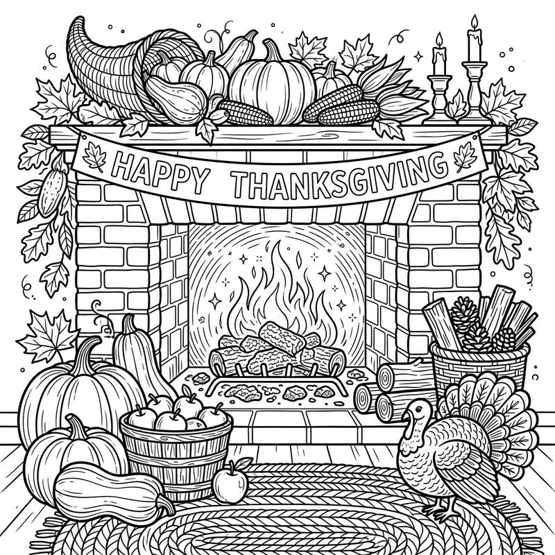 Gather around for a heartwarming Thanksgiving coloring experience featuring a crackling fireplace and glowing embers. This festive scene is richly detailed with traditional harvest bounty, perfect for celebrating the season.