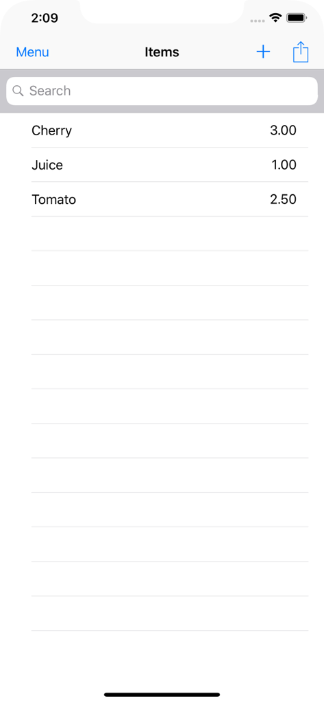 Invoice Pro. - List of products and pricing in the Invoice Pro mobile app items screen