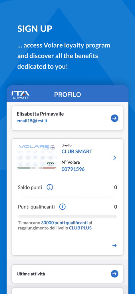 Volareロイヤルティプログラムのメンバープロフィールとポイント残高を表示するITA Airwaysモバイルアプリ画面