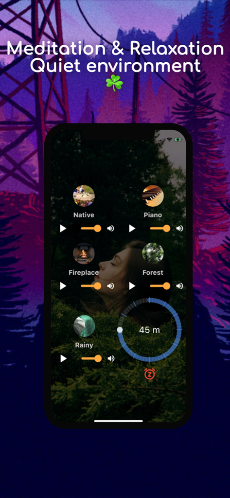 Nature Sounds : Relax & Calm - Interfaz de la app Sonidos de la Naturaleza mostrando mezcla de sonido personalizable para meditación y relajación con un temporizador de sueño.
