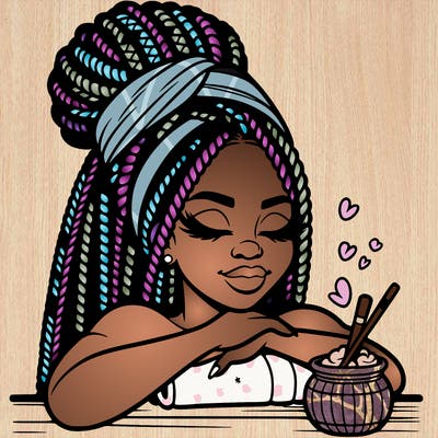 a black woman that looks realistic with braids tied in a bun having a self care day at the spa