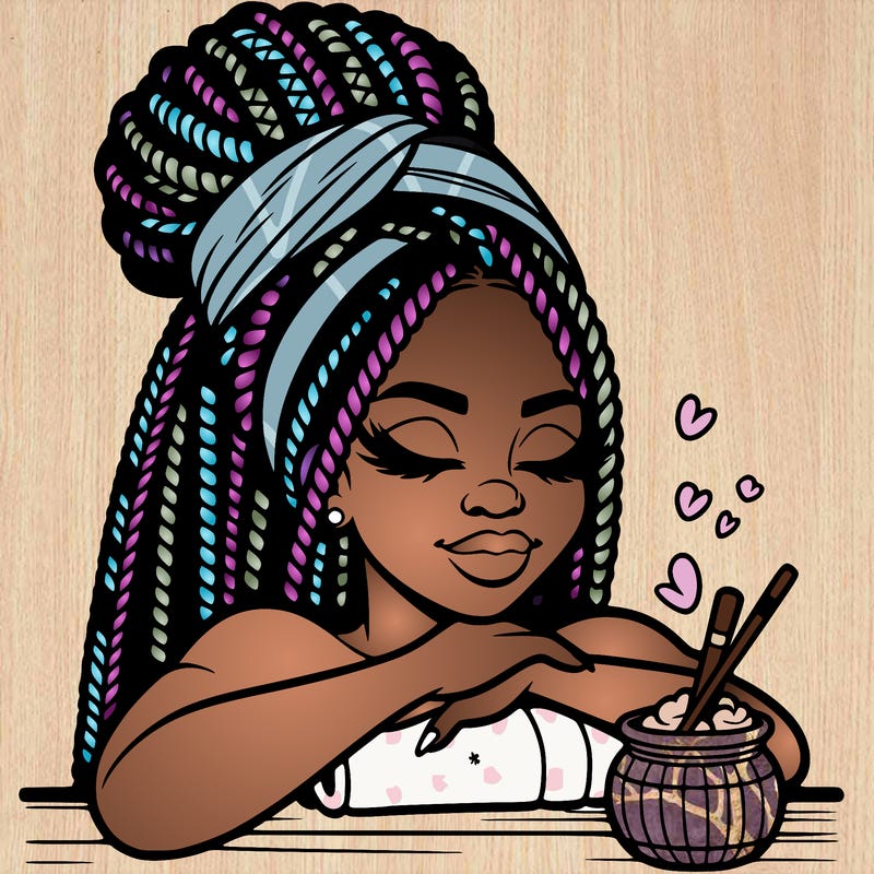 a black woman that looks realistic with braids tied in a bun having a self care day at the spa