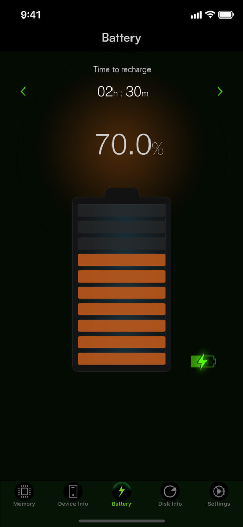 System Activity Monitors - Interface de bateria do System Activity Monitors mostrando setenta por cento de carga e tempo estimado de recarga