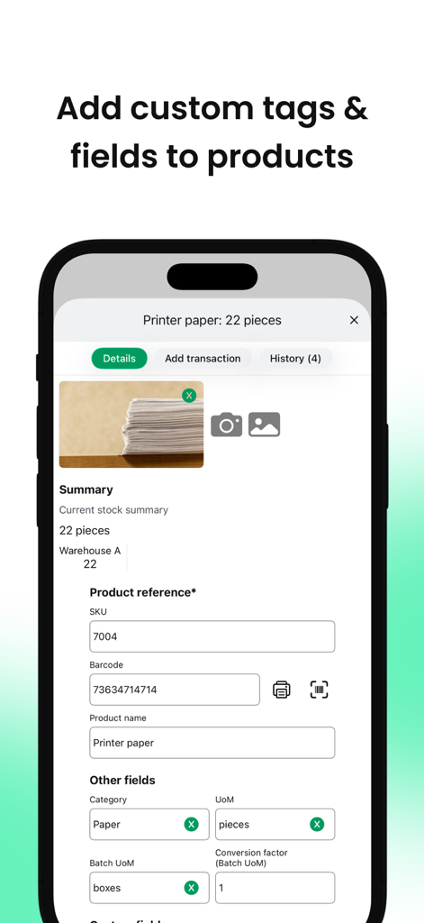 A mobile interface for managing inventory showing options to add custom tags and fields to products like printer paper.