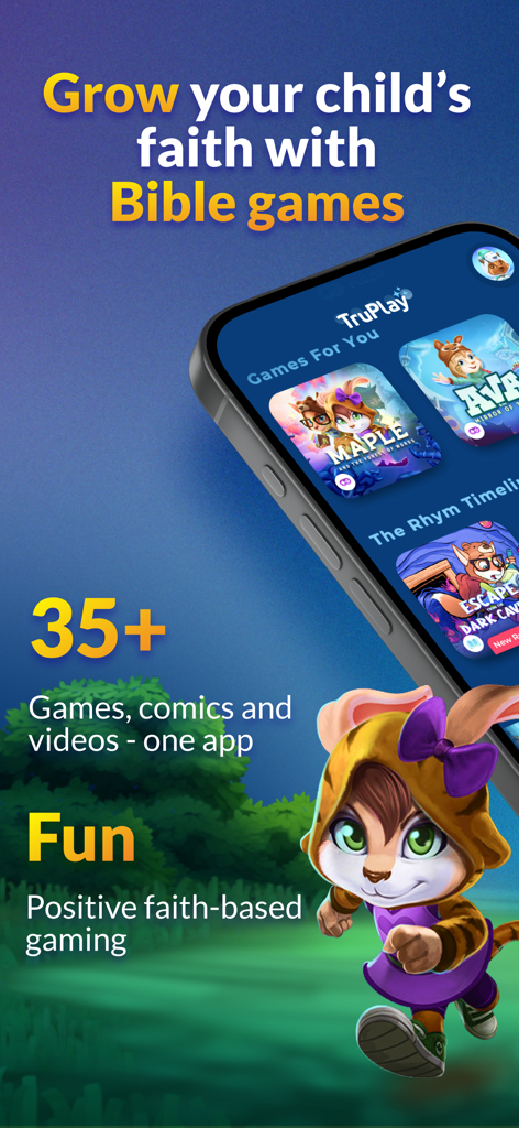 TruPlay Christian Games - TruPlay mobile app interface showing a collection of over 35 Christian games and comics for children.